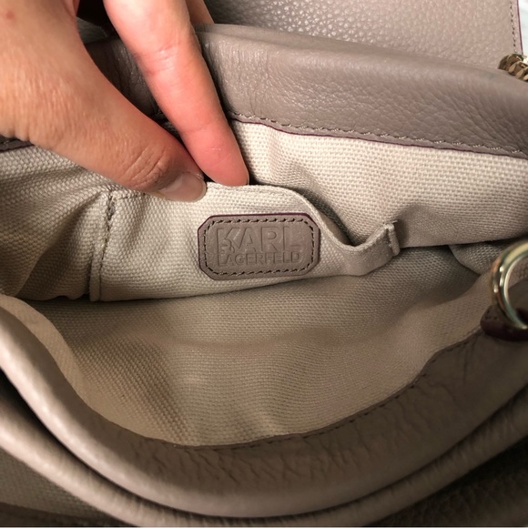 Karl Lagerfeld Leather Crossbody Bag in Grey / Purple with Silver Chain Strap - Picture 6 of 12